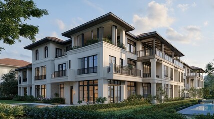 Obraz premium Three story residential building featuring 3D design and rendering showcasing an exterior view of a luxurious newly constructed home