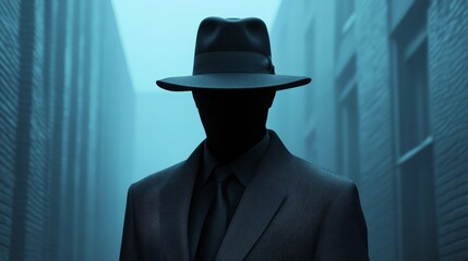 A man in a black suit and hat is standing in a dark alleyway