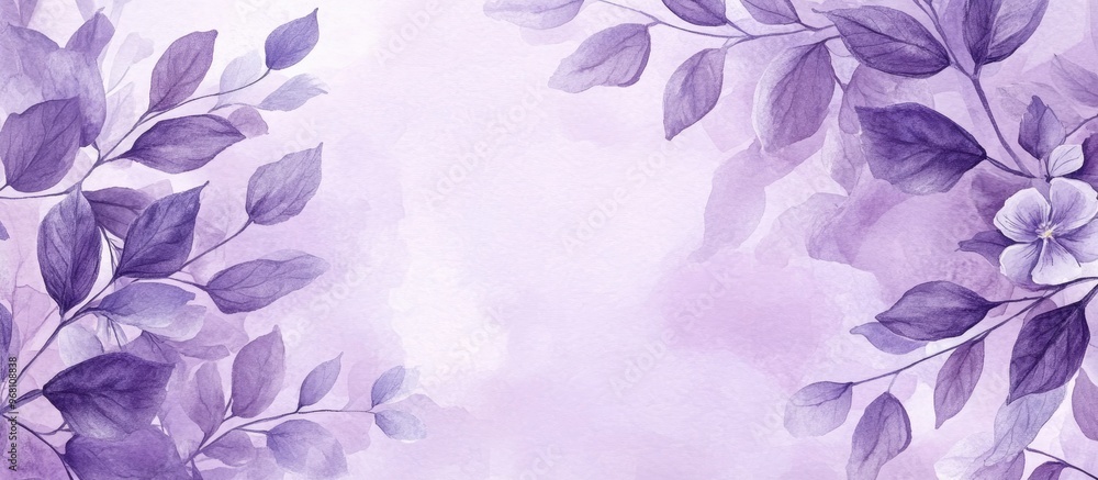 Poster spring violet watercolor leaves and flowers on a soft violet background create an elegant design for
