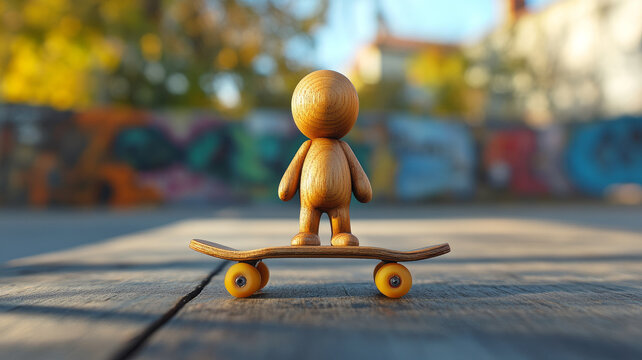 Wooden figurine on a skateboard - Powered by Adobe