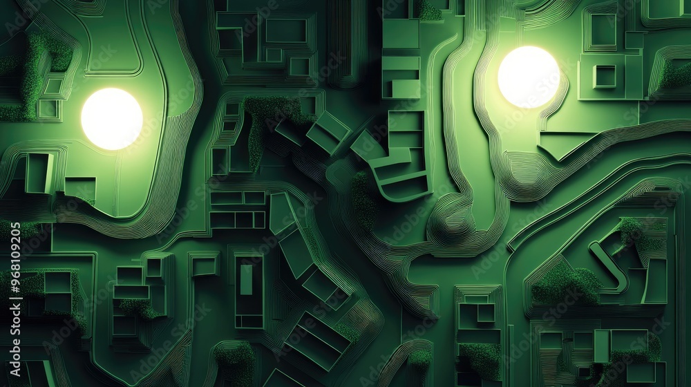 Poster abstract street map illustration featuring white lines on a green background illuminated by two ligh
