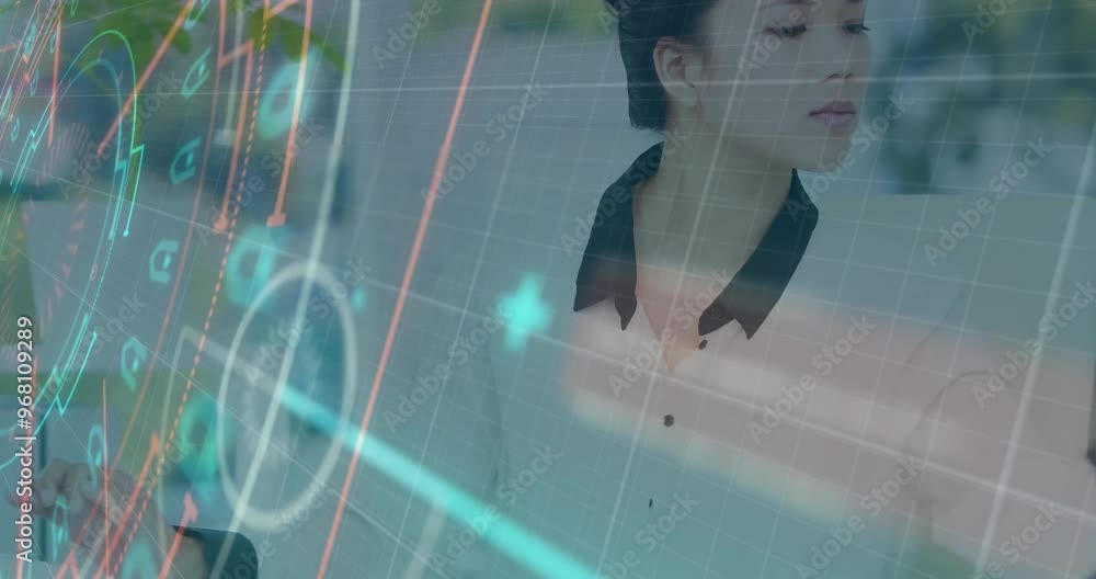 Poster animation of financial data processing over asian businesswoman using computer