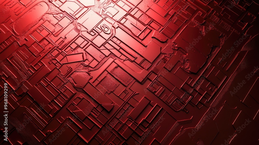 Poster engraved street map design on a red metal background showcasing a flat view with light illuminating 