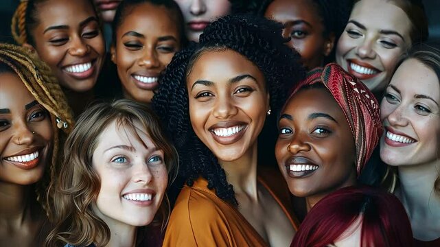 A diverse group of women smiling together in a joyful celebration showcasing beauty and unity among different cultures and backgrounds