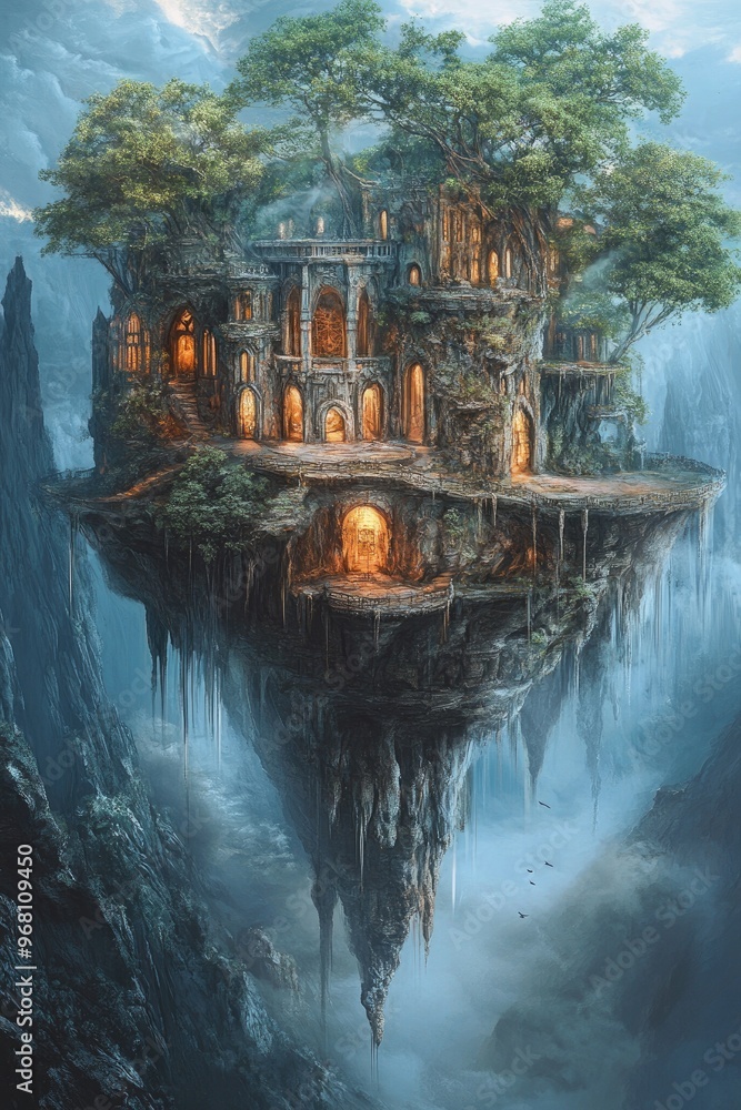 Poster surreal artwork depicting imaginative caves with a floating appearance enhanced by moist textures an