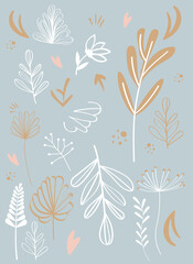 Plants in primitive boho style, pastel colors, hand-drawn.