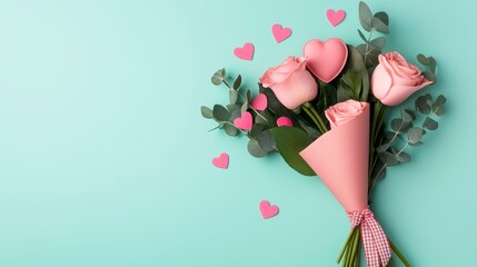 Pink Roses Bouquet with Hearts on Turquoise Background