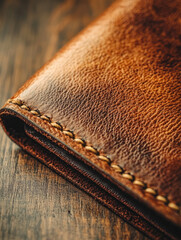Closeup of a vintage brown leather wallet with detailed stitching.