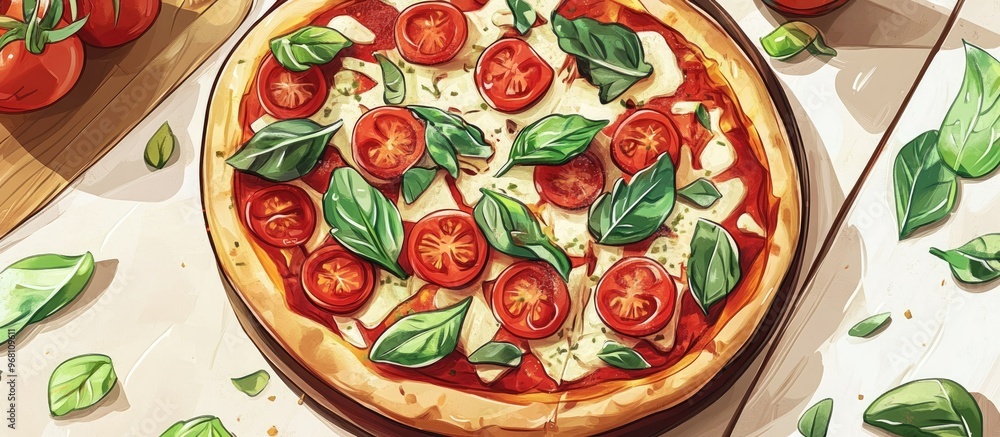 Poster top view of a pizza featuring an array of toppings including tomatoes basil and cheese a romantic me