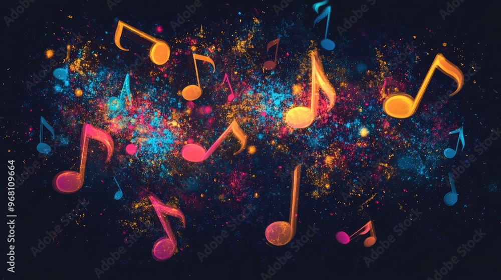 Poster vibrant fireworks cluster in the shape of musical notes a bright raster illustration featuring scatt