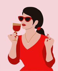 It is an exquisite, minimalist illustration. A girl in red dress and glasses