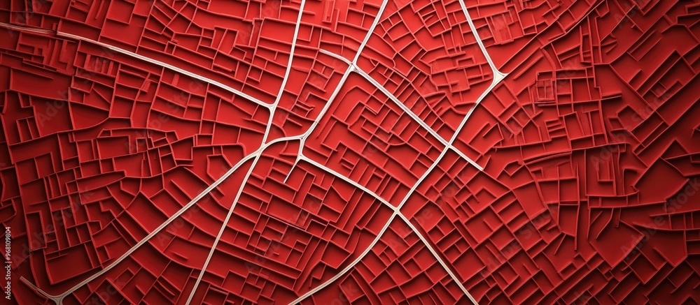 Poster map illustration of streets created with white lines on a textured red paper background top view ren