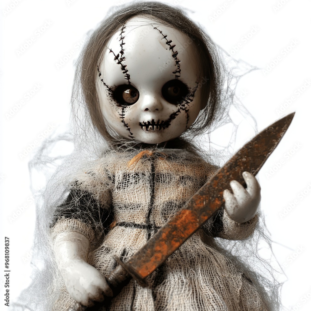 Wall mural A creepy doll with stitches, holding a rusty knife, evokes a spooky atmosphere.