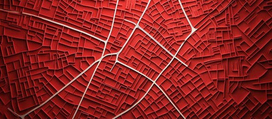 Map illustration of streets created with white lines on a textured red paper background Top view rendering with a rough aesthetic 3D design