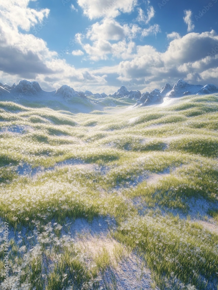 Poster surreal 3d render of a shaggy surface resembling a grassland with a mountain landscape featuring an 