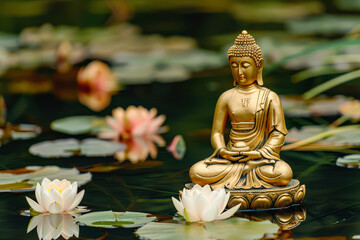 Fototapeta premium A statue of Buddha is sitting on a lotus flower in a pond.