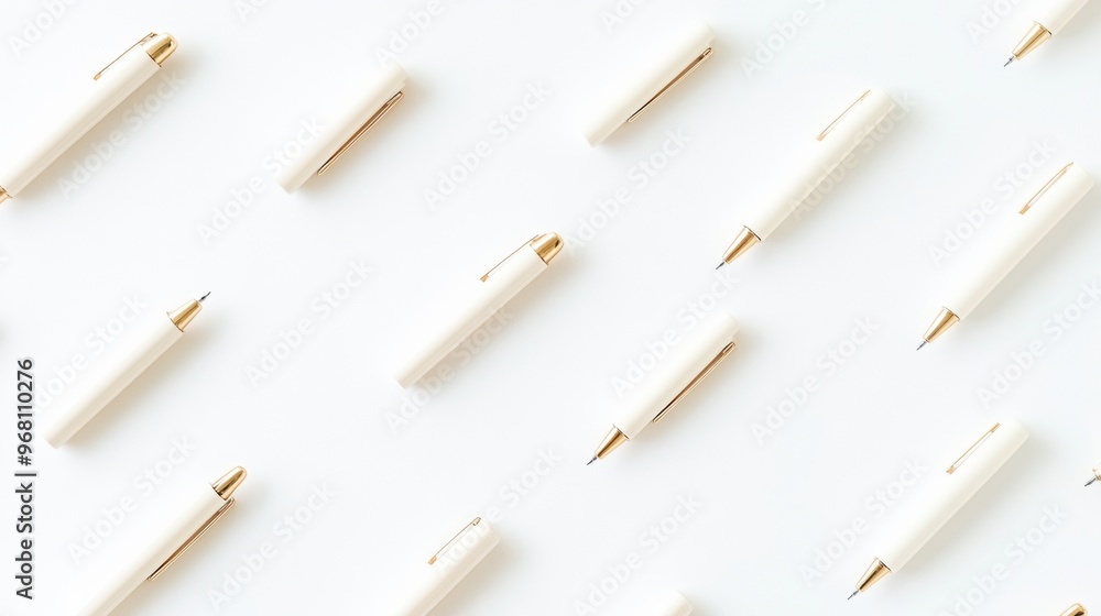 Poster minimalist aesthetic gold pens in repetitive pattern on white background with soft shadows