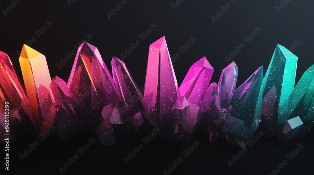 Poster abstract multicolored crystals with a glowing effect on a dark background. the vibrant colors create