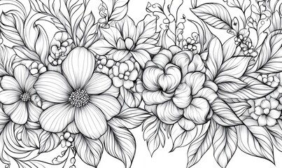 Fototapeta premium Fantasy floral and leaf designs for a coloring book banner featuring 2D cartoon illustrations in outline format for stress relief and creative expression