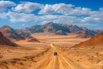 : A lone car driving down an endless desert highway, disappearing into the horizon