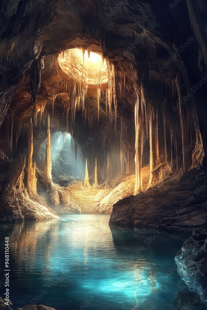 Poster surreal artwork depicting imaginative caves with a floating appearance enhanced by moist textures an