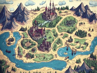 Vintage fantasy inspired 2D cartoon map with a whimsical design