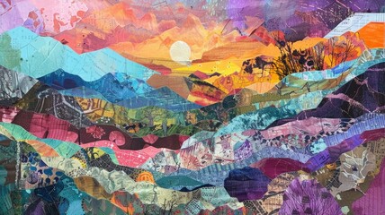 Vibrant Abstract Landscape Collage with Layers of Colors