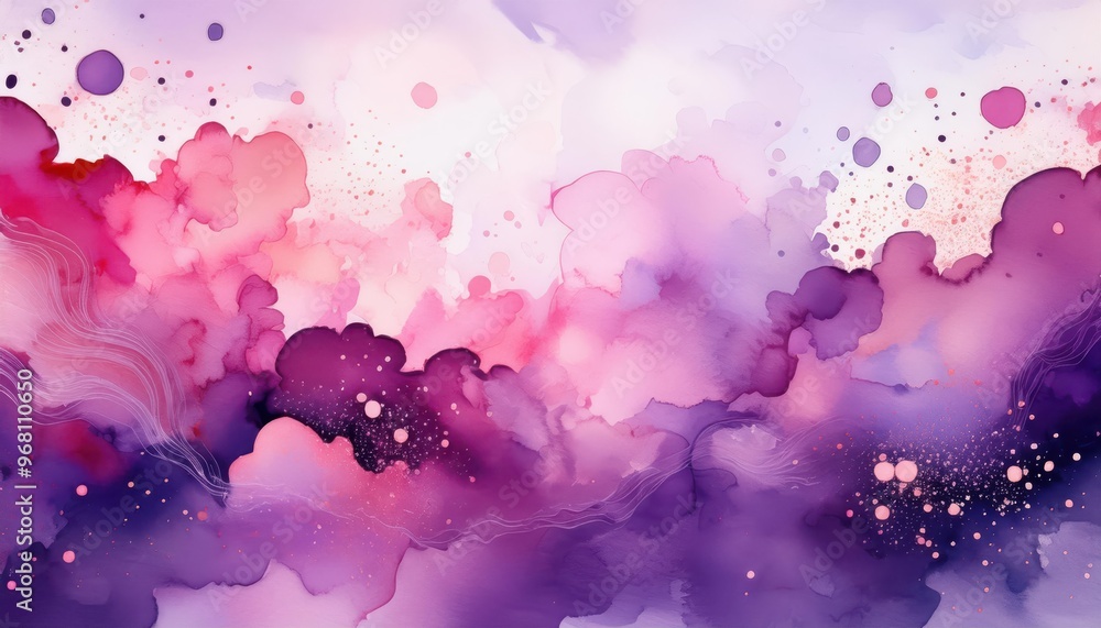 Poster dreamy watercolor clouds in soft pink, lavender, and purple hues with splashes of light. abstract fl