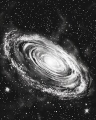 Fototapeta premium Deep space background in stippling technique featuring a spiral galaxy radiant nebula and stars Retro dotwork style with grainy shading created using dots 2D cartoon illustration in panorama forma
