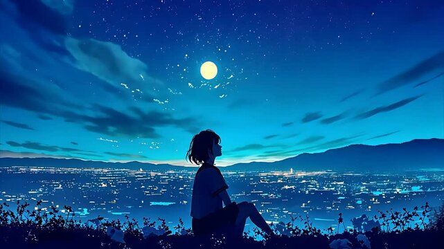 Lofi  anime girl gazes at the starry night sky clouds and moon vibrant cityscape tranquil blue animation