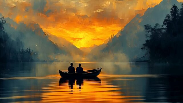 Boat on the river lake with two person sitting on boat mountains far away sunset colorful golden sky clouds surreal