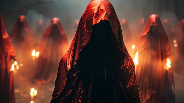 Mysterious Hooded figure performing rituals illuminati in forest fire glowing horror scary red
