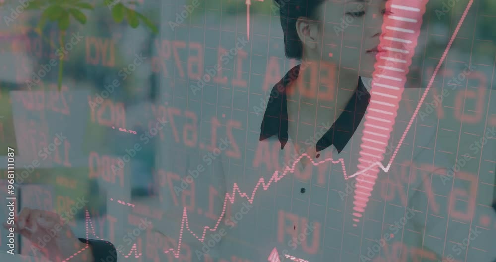 Aufkleber animation of financial data processing over asian businesswoman using computer