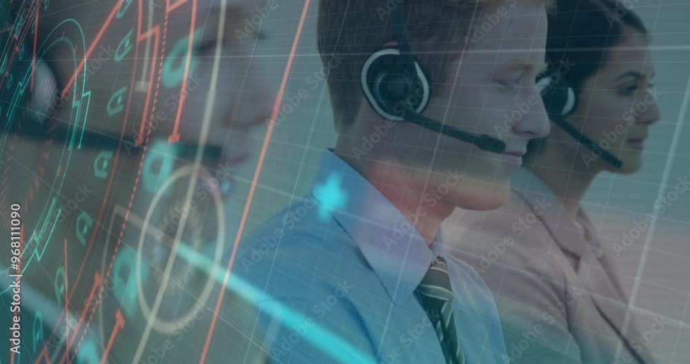 Poster animation of scope scanning over diverse colleagues using phone headsets and computers