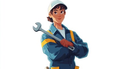 Fototapeta premium Cartoon illustration of a mechanic with a spanner wrench over their shoulder posed frontally against a white background