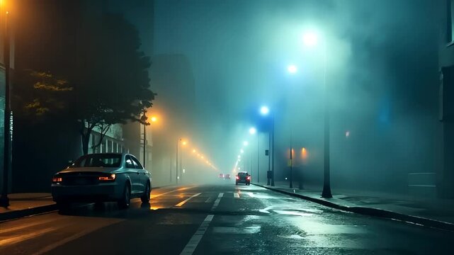 A night city street with car parked street lights foggy dark horror cinematic