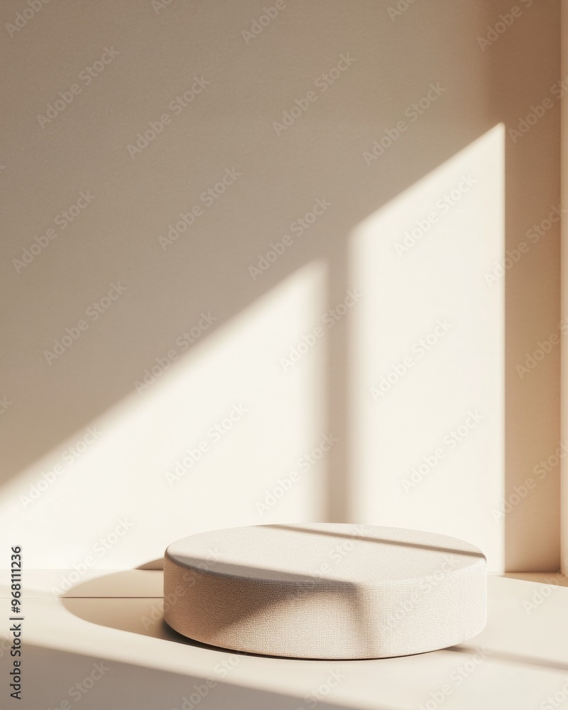 Poster minimalist beige podium on light wood background with soft shadows in modern monochromatic style