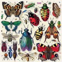 A sticker sheet with a focus on insects and bugs, such as butterflies, ladybugs, bees, and beetles