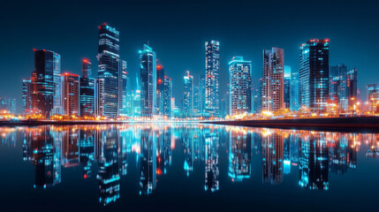 A city at night, with tall buildings lit up, reflecting in a still water. This image is perfect for a modern, tech-themed background.