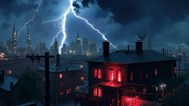 A quite house with lights glowing red at night city sky clouds thunder stormy lightning weather relaxing horror