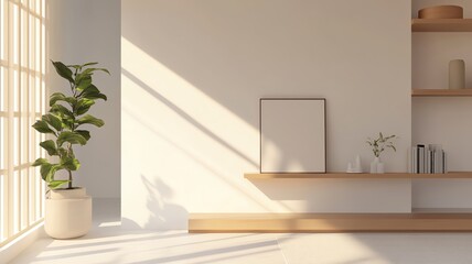 Minimalist living room interior with sunlight, plant, and empty frame for mockup.