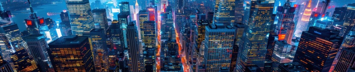 A vibrant aerial view of a cityscape at night, illuminated with colorful lights from buildings and streets below. Free copy space for banner.