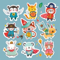 Naklejka premium A sticker sheet showcasing animals in whimsical costumes