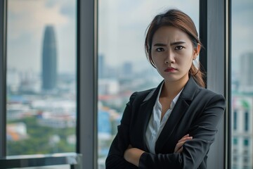 Fototapeta premium A woman in a business suit stands with her arms crossed, generative ai image