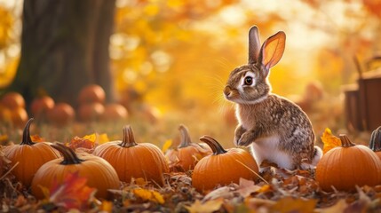 A Curious Rabbit Among Autumn Pumpkins