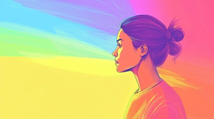 Cartoon illustration of a concerned woman featuring a rainbow gradient line design