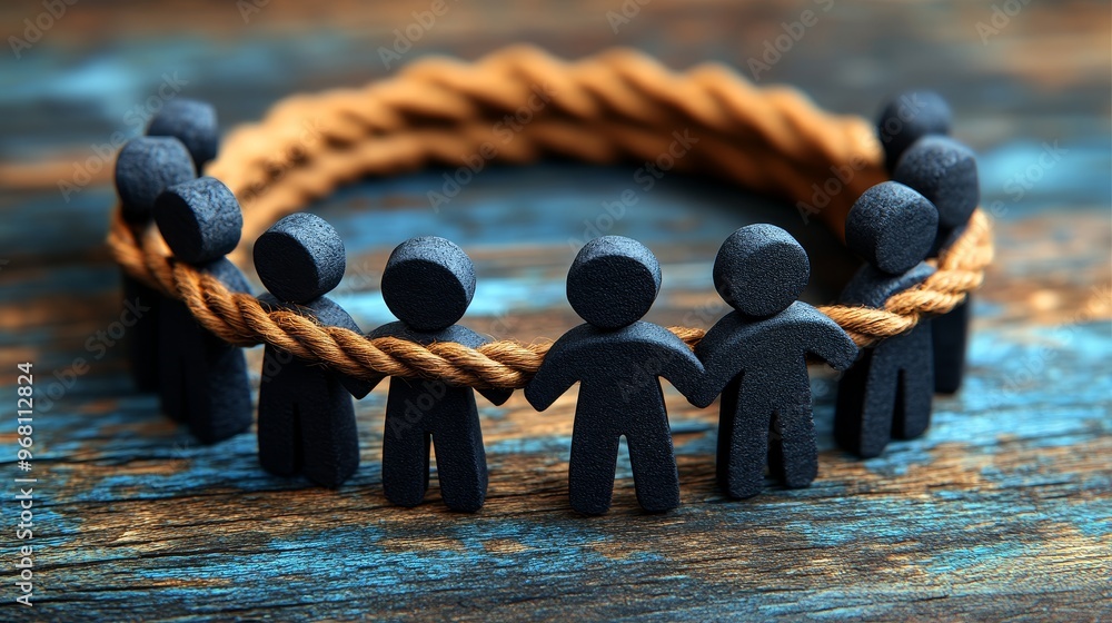 Poster a circle of figures holding hands, symbolizing unity and collaboration in a creative and artistic st