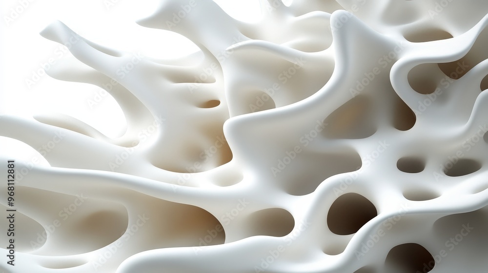 Poster a close-up view of an abstract white structure with organic shapes and soft curves, perfect for mode