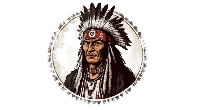2D cartoon illustration of a Native American chief facing forward enclosed in a circle with a retro design on a white background
