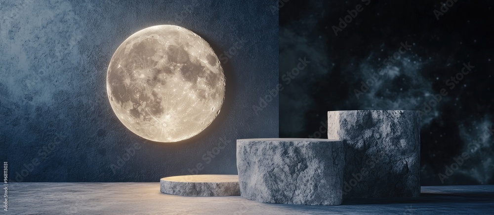Aufkleber Abstract background for cosmetic product and package presentation featuring a stone podium display under a full moon night 3D rendering
